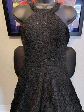 B. Darlin Black Glitter Lace Halter Fit & Flare Dress Size 9/10